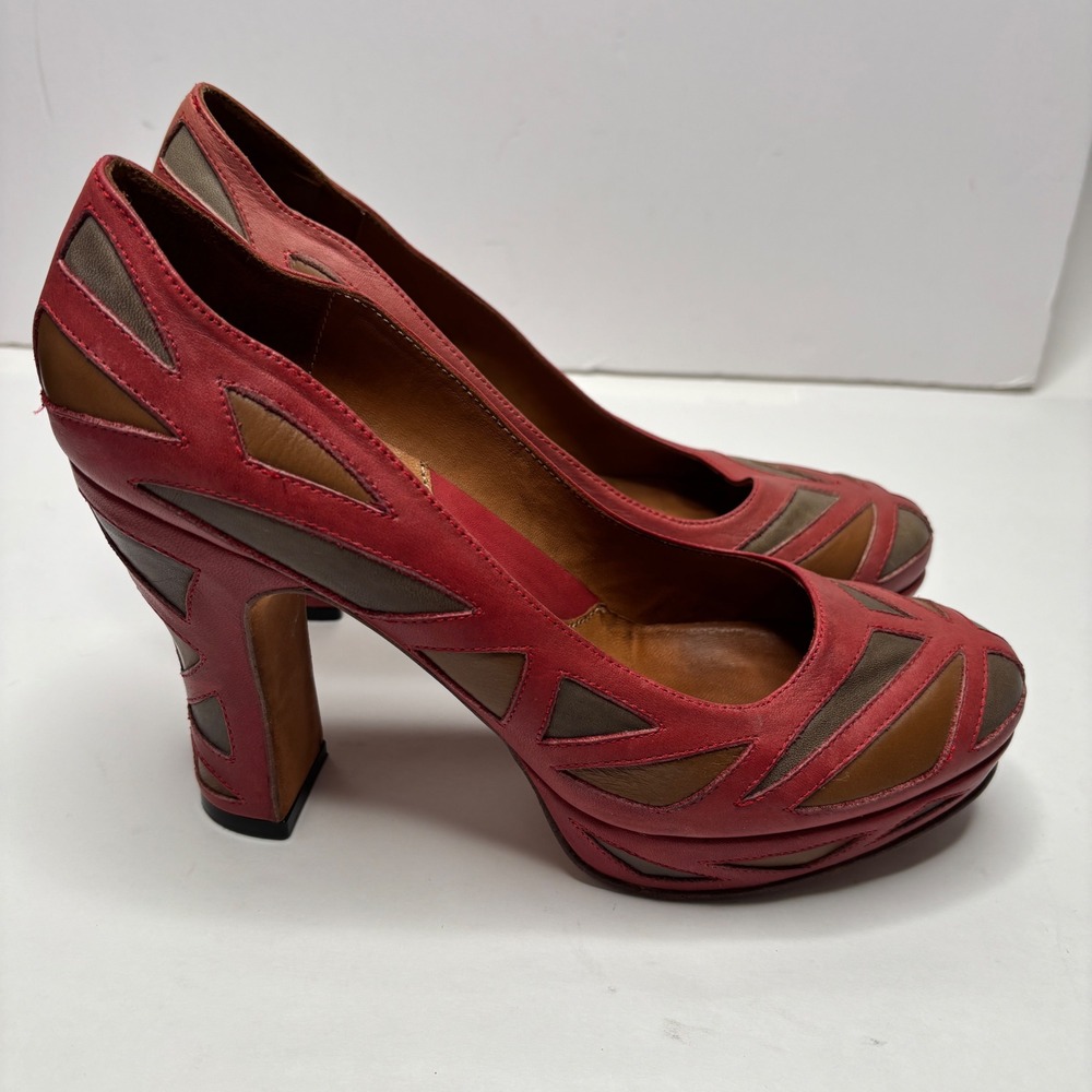 John Fluevog Miracles Meera Leather Heels Stained Glass Platform Pumps 8.5 Red - Picture 3 of 12